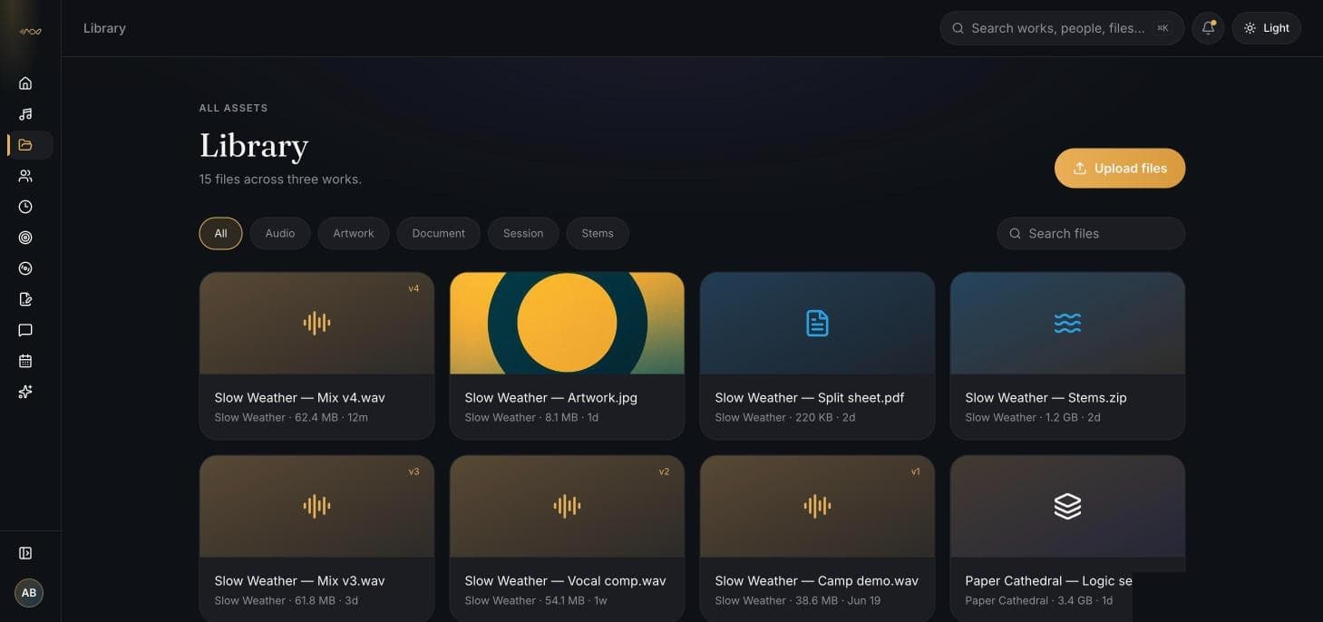 Music Vault Library page showing versioned audio, artwork, and document files